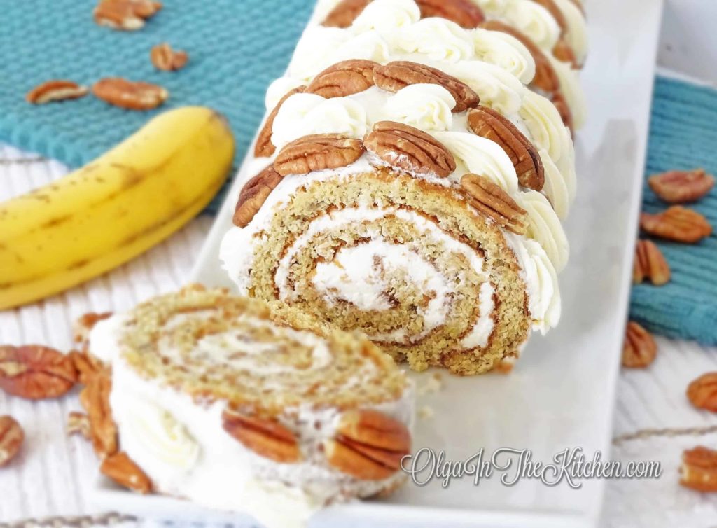 Banana Cake Roll: sweet, fruity, tangy and delicious. Great combo of lemony filling, pecan decor and banana dough. | olgainthekitchen.com