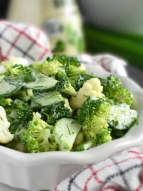 Broccoli Cauliflower Cucumber Salad: combo of green veggies bring out the delicious crunch dressed with favorite ranch dressing. | olgainthekitchen.com