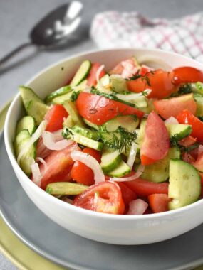 Tomato and Cucumber Salad: the easiest and the simplest 3-veggie plus a dressing salad that will wow the crowd. | olgainthekitchen.com