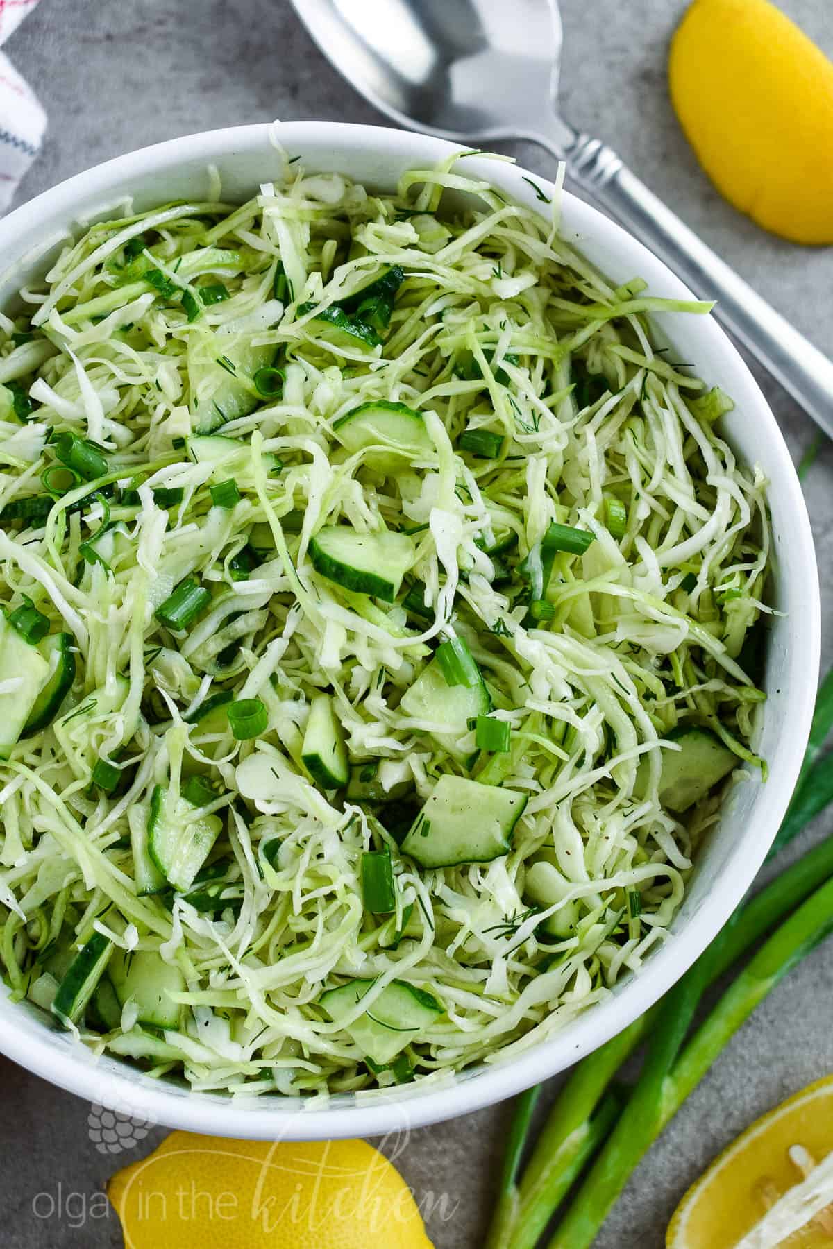 Easy Green Cabbage Cucumber Salad is loaded with fresh green cabbage, crisp cucumbers and fresh herbs. It’s the perfect side dish for potlucks, parties and barbecue. #cabbagesalad #olgainthekitchen #salad #healthy #easyrecipe #cucumbersalad #cabbagecucumber #holiday #easter