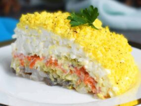 Mimosa Salad (Layered Egg and Cheese Salad): elegant, festive, appealing to an eye and delicious in taste! | olgainthekitchen.com