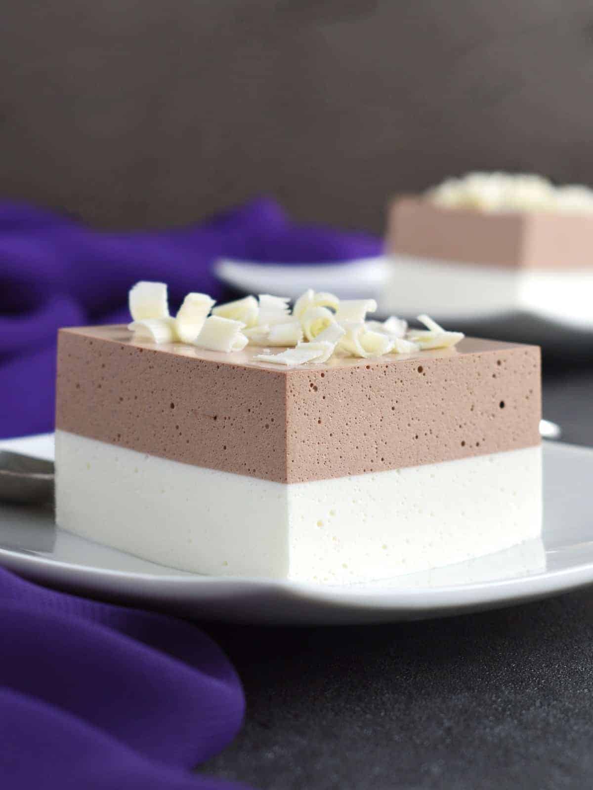 Ptichye Moloko (Bird’s Milk): light, fluffy combination of creamy white and cocoa mousse-like layers. Easy dessert done in 30 mins. | olgainthekitchen.com