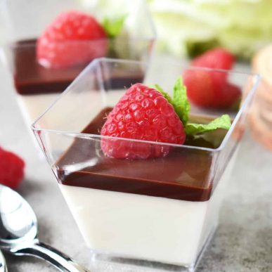 Panna Cotta with Chocolate Jello: quick and easy, creamy and rich in flavor vanilla base with silky chocolate topping. Elegant, fancy and delightful for every occasion! olgainthekitchen.com