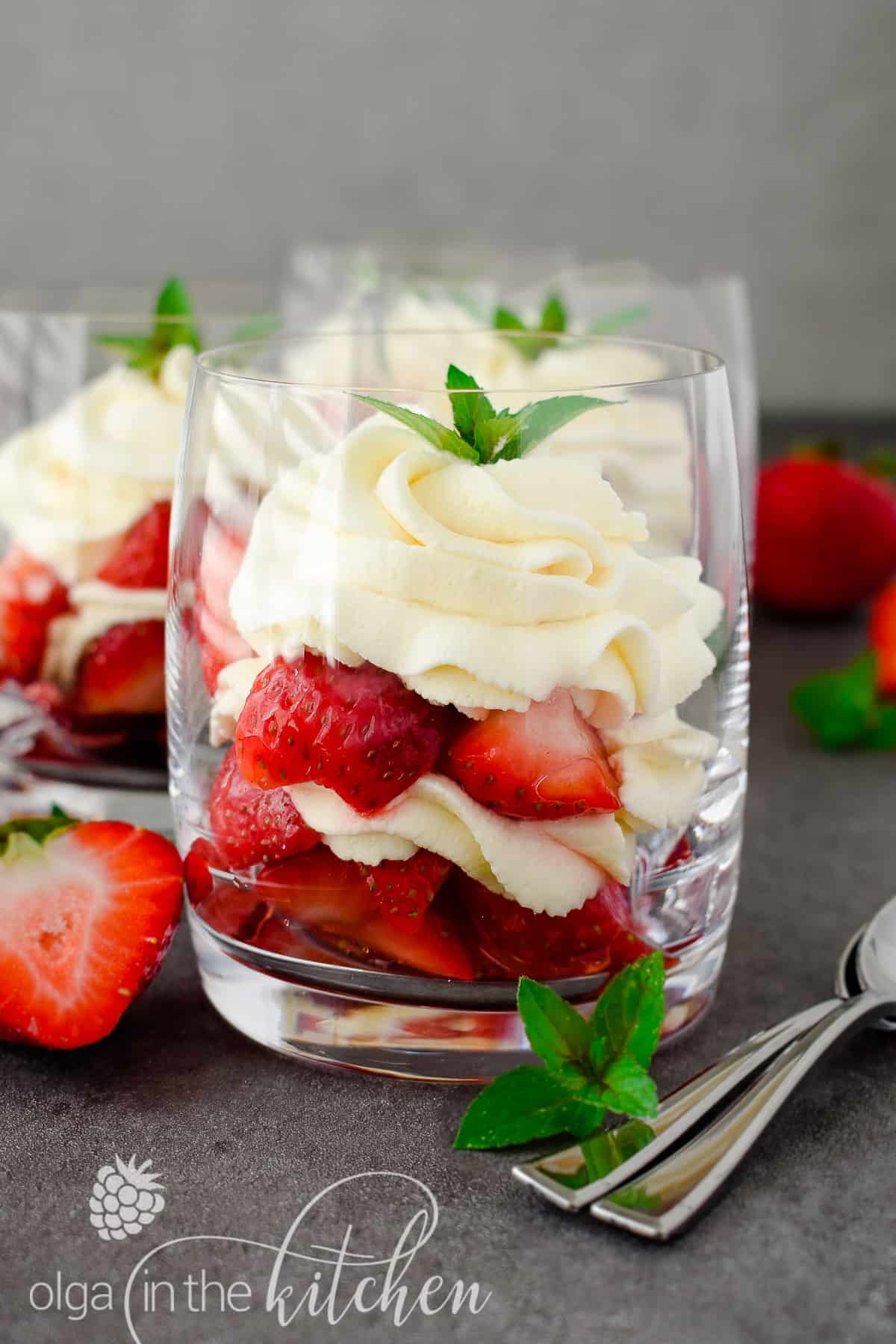 Strawberries and Cream Dessert: sugared fresh strawberries and a vanilla-flavored sweetened whipped cream make up this easy and delicious no-bake dessert the perfect treat for summer days. The perfect dessert for summer parties! olgainthekitchen.com