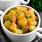 Braised Potatoes with Pork: chunks of potatoes and tender-juicy meat coated in sauce that is created from carrots, onions and potato starch.| olgainthekitchen.com