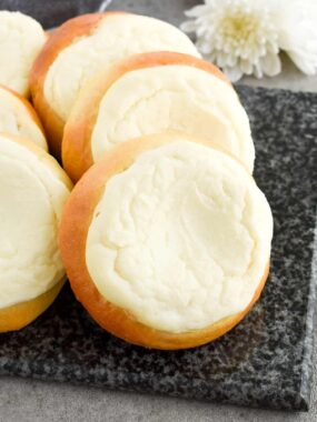 Sweet Cheese Filled Buns (Vatrushka Recipe): freezer-friendly, soft and fluffy sweet buns filled with smooth farmer’s cheese filling. | olgainthekitchen.com