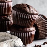 These Double Chocolate Banana Muffins are so easy to make, bursting with rich chocolate flavor and loaded with chocolate chips. They are soft and perfectly moist. You’ll forget you’re eating breakfast because these muffins taste like true dessert.