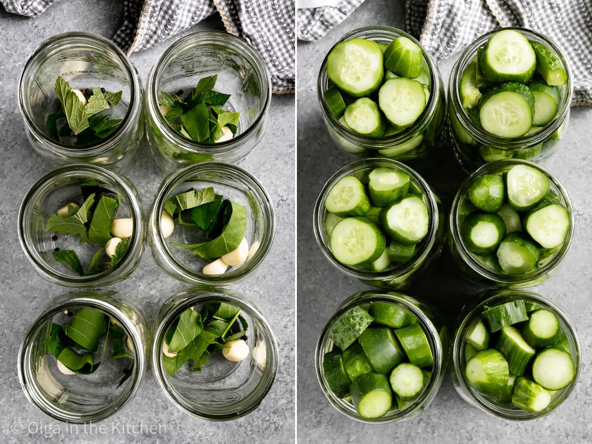 Filling mason jars with sliced cucumbers and fresh herbs.